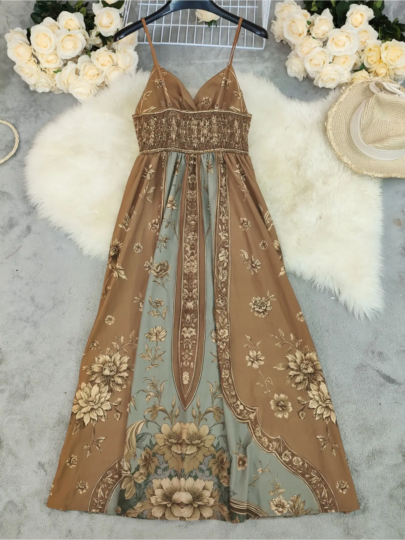 LN1640 New Autumn Court Print High-Slit Maxi Skirt Hem Bohemian Style  Camisole Long Dress, Elegant Ethnic Style Long Gown - TikTok Shop