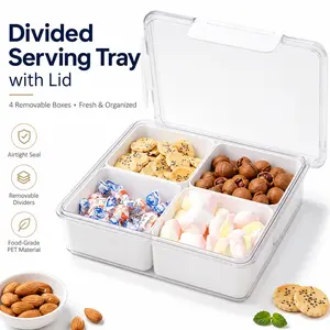 Divided Serving Tray with Lid, Snack Container with 4 Removable Compartments, Airtight Leakproof Food Storage Organizer for Fruits, Veggies, Candy, Nuts, Salad and Meal Prep
