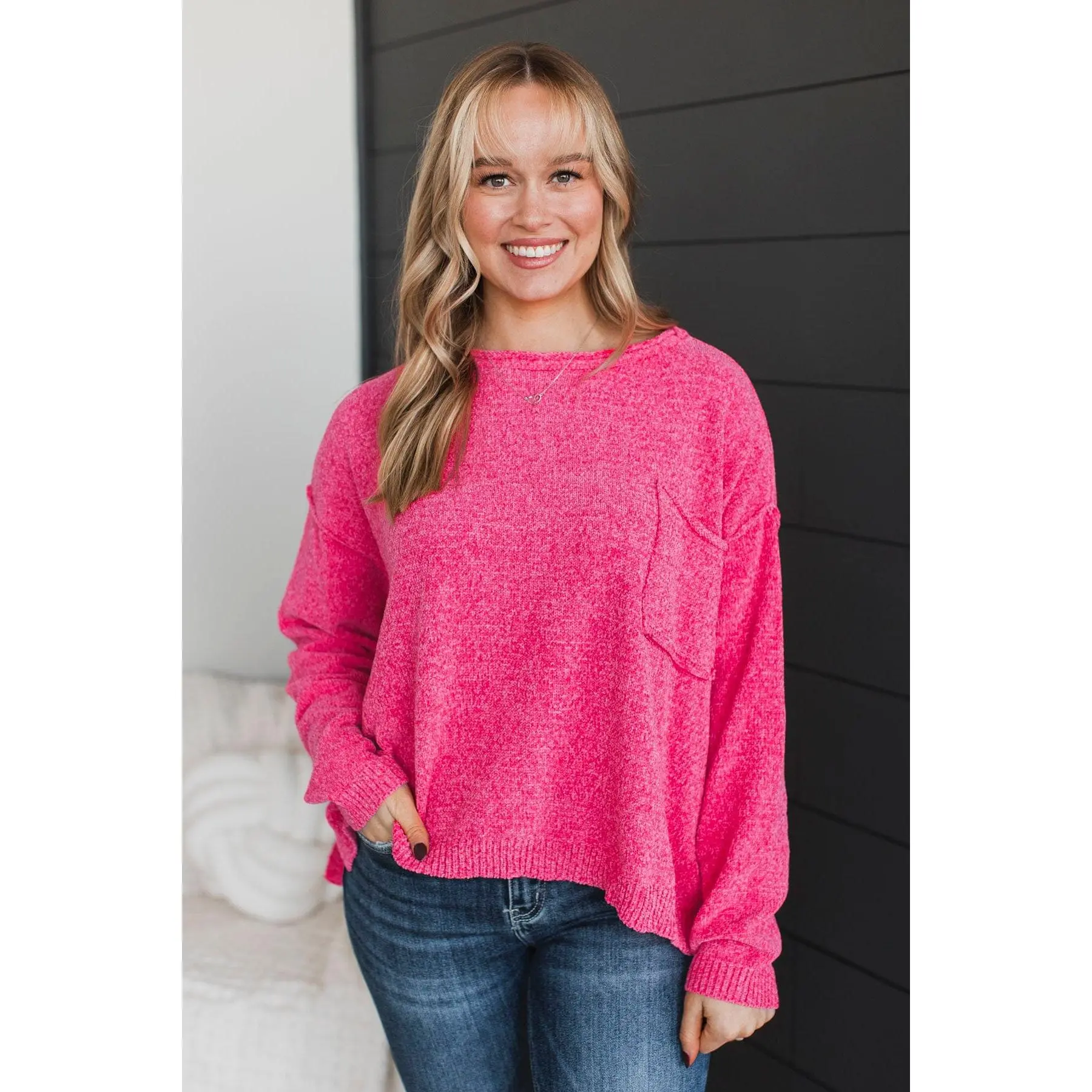 Women's Bright & Cheery Hot Pink Chenille Knit Sweater - Lady's Relaxed Fit Casual Top with Boat Neck, Long Sleeves, Drop Shoulders, Pockets, Rolled Hem, Soft Fabric