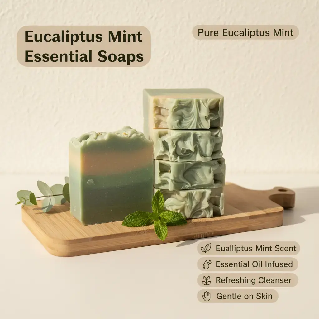 Eucalyptus Mint Body Soap Bar - Handmade Body Care Cleanser with Olive Oil, Shea Butter, Rice & Coconut - Single Item, 4-5 oz, Long Lasting, Essential Oils
