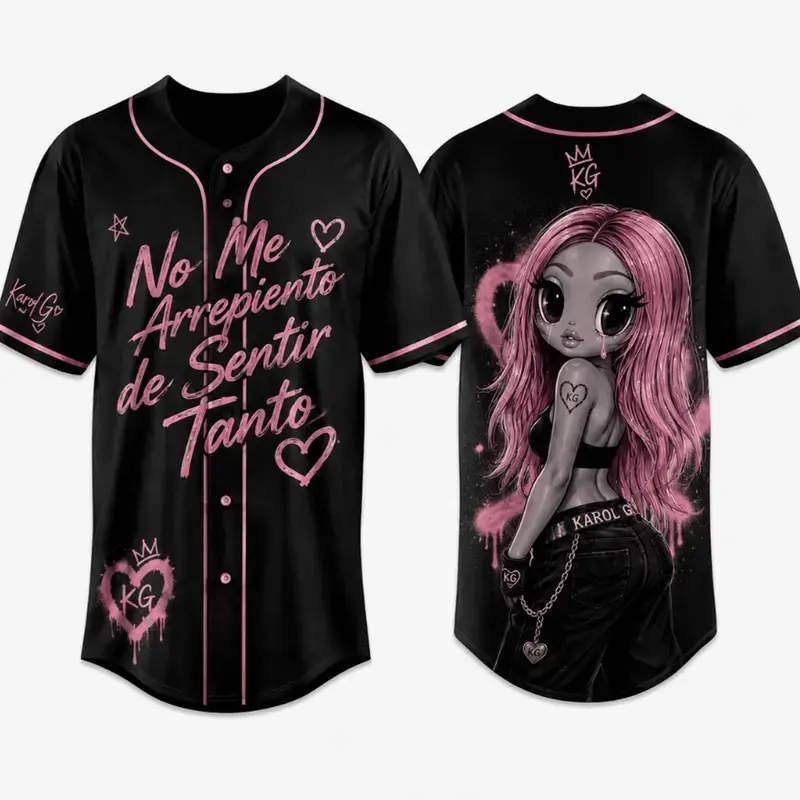Pink Heartbreak Graphic Baseball Jersey, Black Button Up Shirt, Sad Love Quote Jersey, Y2K Cartoon Girl Streetwear Top