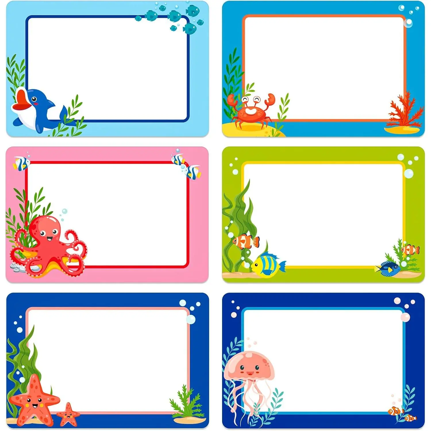 120-Count Cute Under The Sea Themed Self-Adhesive Name Tags Stickers - Fish, Crabs, Seaweed, Dolphins, Starfish Designs, Easy to Remove, Office Stationery for Students, Back to School Desk Nameplates & Birthday Party Decoration
