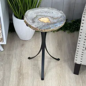 Natural Brazilian Agate Side Table, single slice on a black metal base, 22" tall #1305-0103