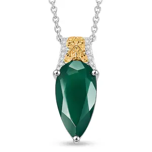 Verde Onyx and White Zircon 3.80 ctw Lushy Leaf Pendant in 18K Yellow Gold Plated and Platinum Plated with Stainless Steel Necklace 20 Inches