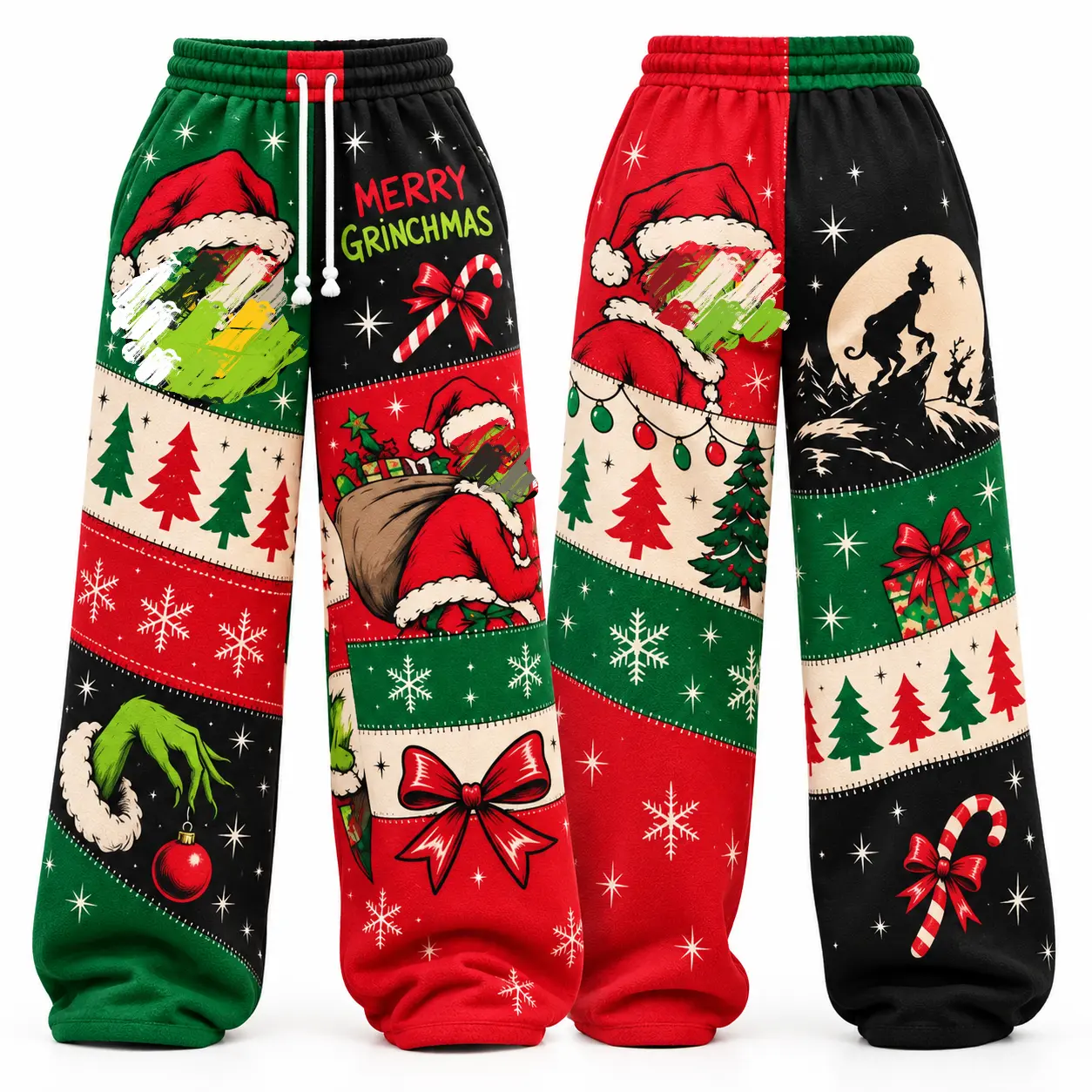 Funny Christmas Graphic Wide Leg Sweatpants, Green Monster Holiday Print, Merry Christmas Cartoon Pants, Festive Red Green Baggy Lounge Pants, Unisex Xmas Pajama Bottoms