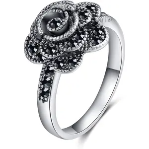 Women's  Black Marcasite Rose Flower Rings Size 7-10