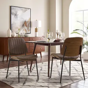 Leather Dining Chairs Set,Upholstered Mid-Century Modern Dining Room and Kitchen Chairs with Walnut Backrest,Retro Accent PU Leather Side Chairs with Metal Legs