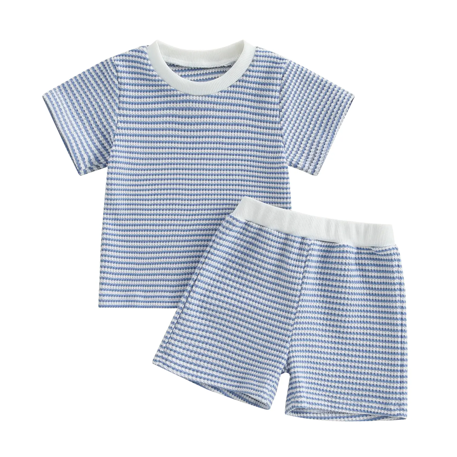 Toddler Baby Boys Summer Outfit Waffle Striped Short Sleeve T-shirt Tops Elastic Waist Shorts Two Piece Set