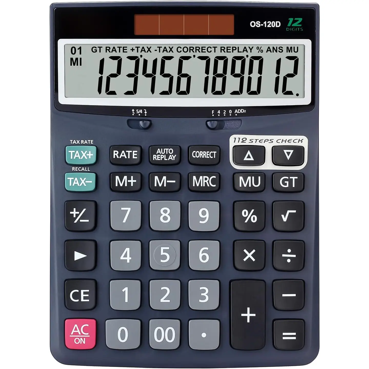 12-Digit Desktop Accounting Calculator (OS-120D Deep Blue) - 5.5-Inch LCD Display, VAT+/- Keys, Big Buttons, Dual Power, Synthetic Plastic Shell, Automatic Replay, for Office Use, Seniors