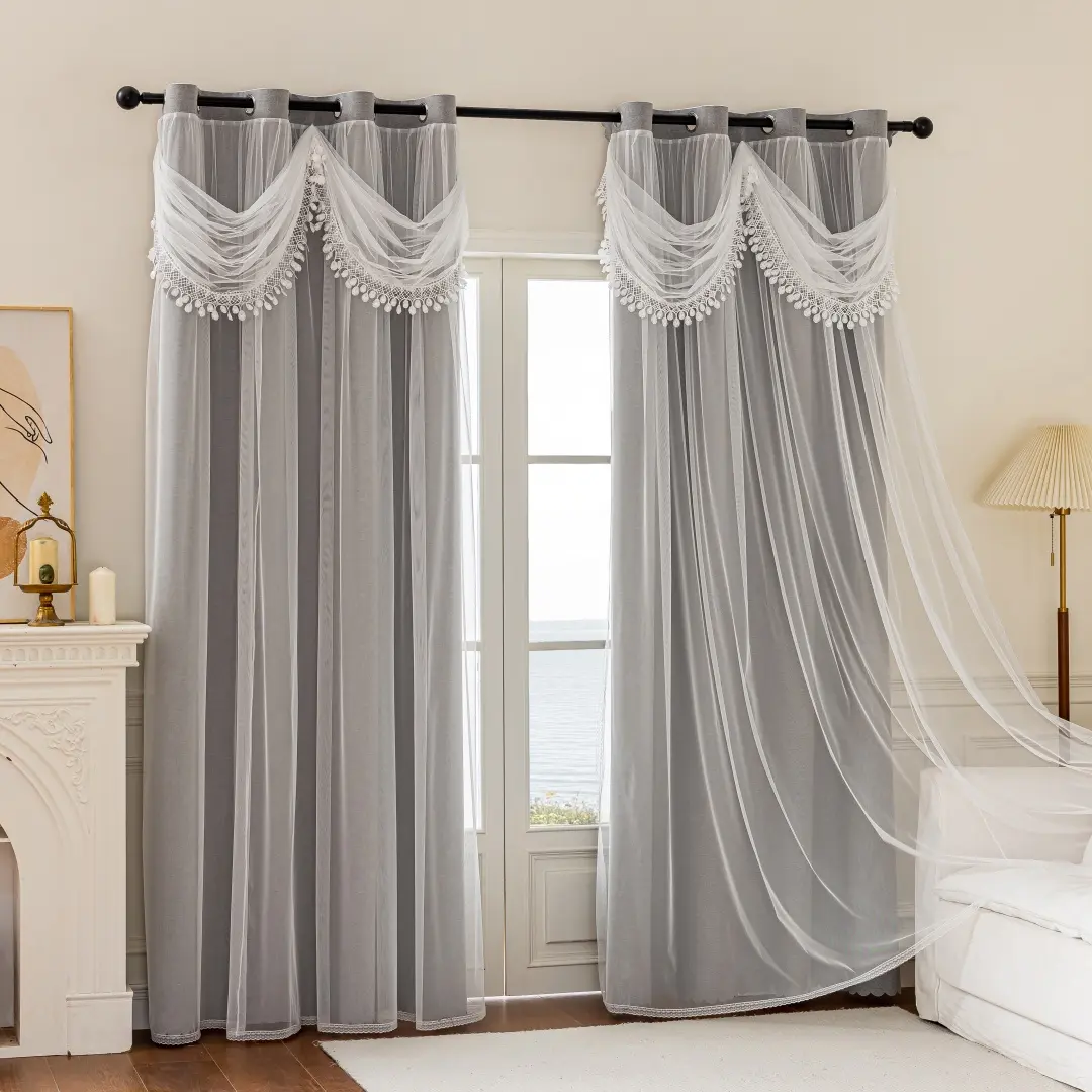 Modern Vintage Window Drapes - 3m 1-Piece Panel, Double Layer Crushed Sheer Transparent Overlay with Lace Decor, Durable Flat Weave, Thermal Block Sound Insulation for Bedrooms, Living Rooms
