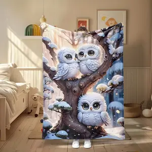 Snowy Cute White Big-Eyed Owl Art Pattern Four Seasons Plush Mother and Youngsters Blanket