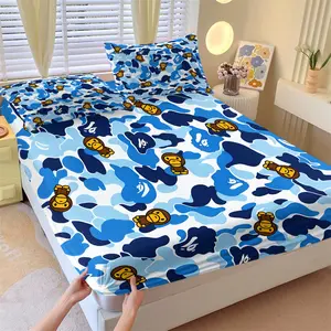 BABY MILO Blue White Camo Fitted Sheet Set & 2 Pillowcases No Core, Cartoon Monkey & Sexual Ape Head Silhouette Camouflage Pattern, Soft Non-Slip Wrinkle Resistant, Trendy Playful Bedroom Decor Gift Choice