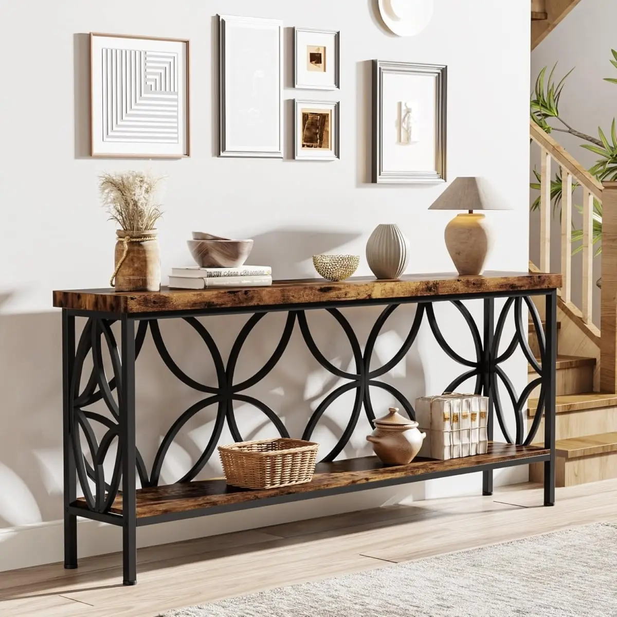 Emoottoo TB-F1809 70.9 in. Extra Long Narrow Behind Couch Industrial Console Table with Open Storage Shelves - Rustic Brown