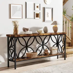 Emoottoo TB-F1809 70.9 in. Extra Long Narrow Behind Couch Industrial Console Table with Open Storage Shelves - Rustic Brown