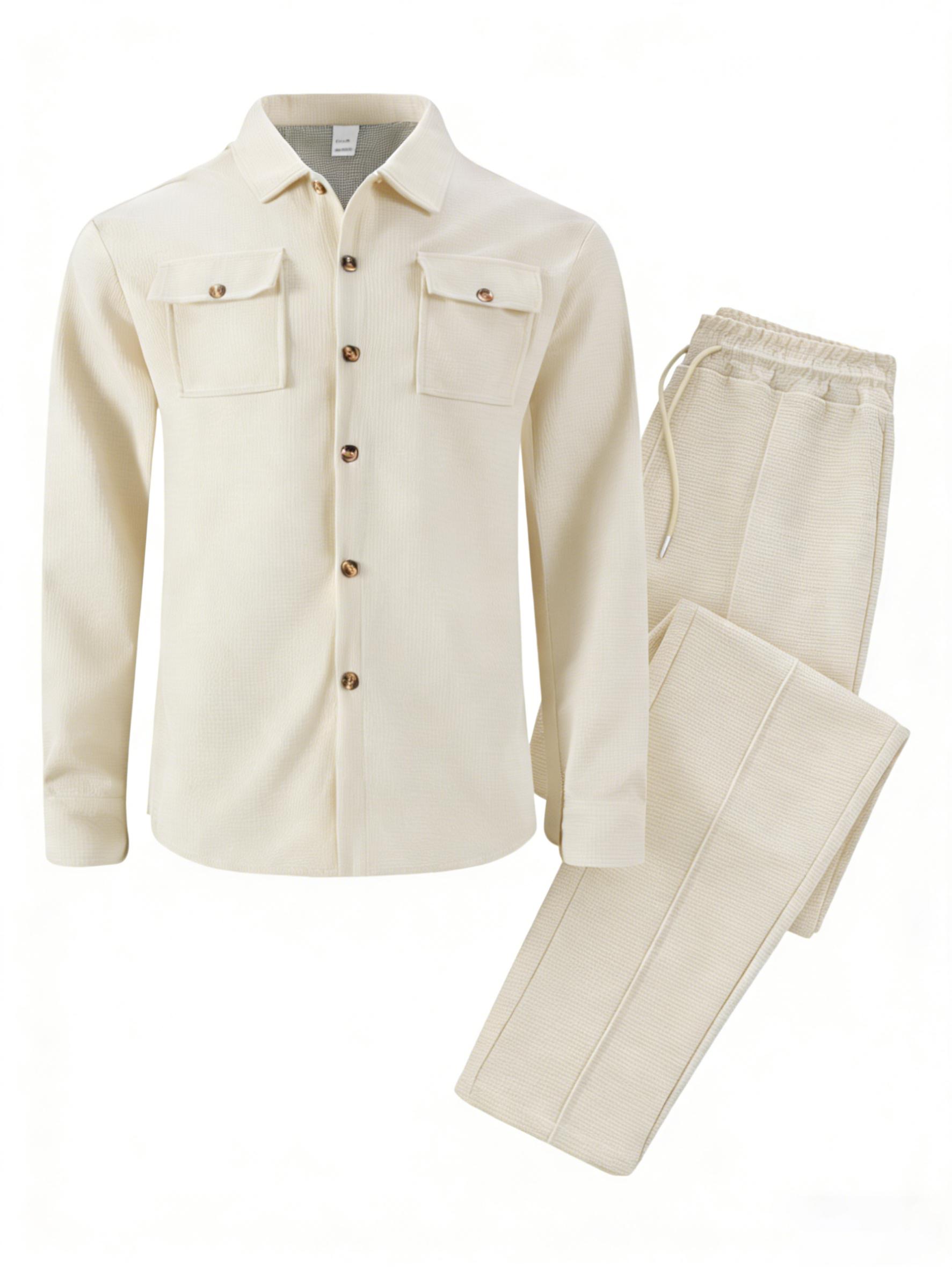 2026 new men's casual set, featuring a collared top and drawstring casual pants two-piece set, spring and autumn long-sleeve buttoned pocket sportswear set, regular fit, suitable for everyday casual wear