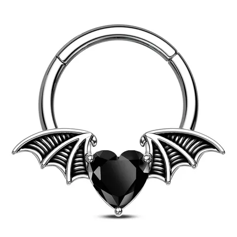 Oufer 16G 10mm Snug Gothic Septum Nose Ring - Black Cubic Zirconia Heart Bat Wing Animal Design Body Jewelry, Nose Rings Hoops, Unisex Fashion Alt Accessories for Daily Everyday Adults