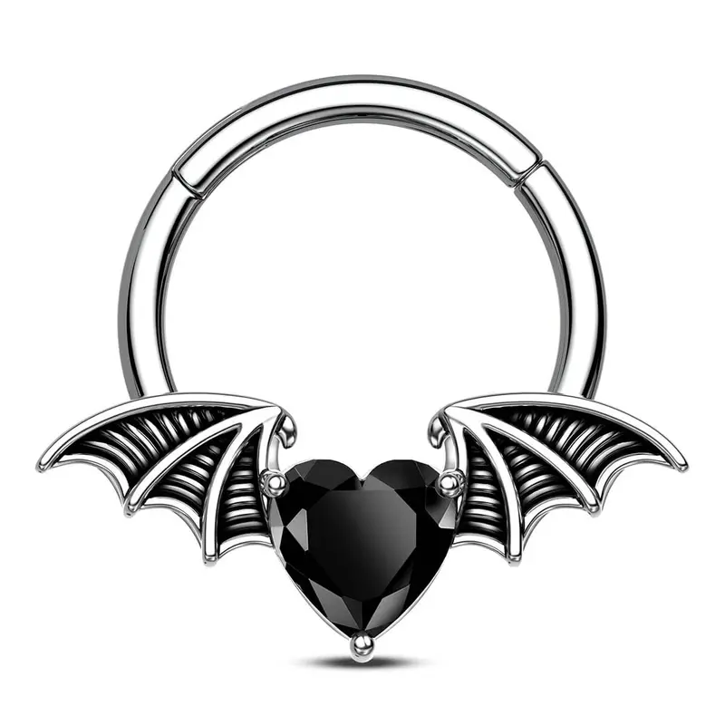 Oufer 16G 10mm Snug Gothic Septum Nose Ring - Black Cubic Zirconia Heart Bat Wing Animal Design Body Jewelry, Nose Rings Hoops, Unisex Fashion Alt Accessories for Daily Everyday Adults