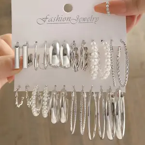 Silver Tone Hoop Earring Set, 12-Piece Assorted Pack with Minimalist, Twisted, Pearl and Textured Styles, Versatile Mix-and-Match Hoops for Everyday & Formal Styling