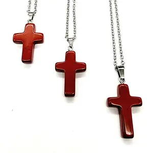 MergingMetals // Red Jasper Cross Necklace // Stainless Steel Chain