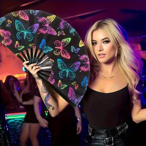 Large fluorescent gradient folding handheld fan; 13-inch butterfly-shaped folding fan for women; kung fu fan accessories; influencer–style portable trendy fan; foldable, lightweight creative design; personal prop; dance fan; nightclub party events