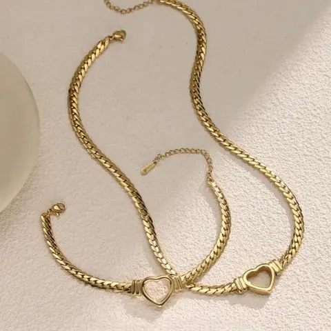 Elegant Stainless Steel Heart Necklace Set for Women, Trendy Fashion Clavicle Chain & Bracelet, Chains Set, Unique Luxury Design Non Tarnish Jewelry Gift, Jewelry Sets