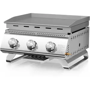 R.W.FLAME Portable Tabletop Propane Gas Grill 3-Burner Stainless Steel with Large Detachable Griddle,24,000 BTU Compact Camping BBQ Grill,18.9"x15.6" Cooking Area