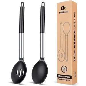 Pack of 2 Large Silicone Cooking Spoons,Non Stick Solid Basting Spoon,Heat-Resistant Kitchen Utensils for Mixing,Serving,Draining,Stirring (BLACK)