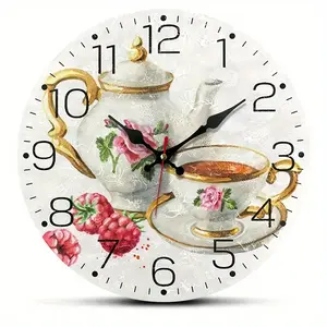 10 inch Round Clock, Simple Creative Fashion Wall Clock, Retro Teacup Creative Clock, Silent Quartz Round Wooden Clock, Suitable for Bedroom Living Room Office Kitchen Bathroom Decoration, Battery Powered (Battery Not Included)