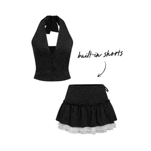 Cider Halter V-neck Polka Dot Crop Top & Mid Rise Lace Trim Mini Skort Set