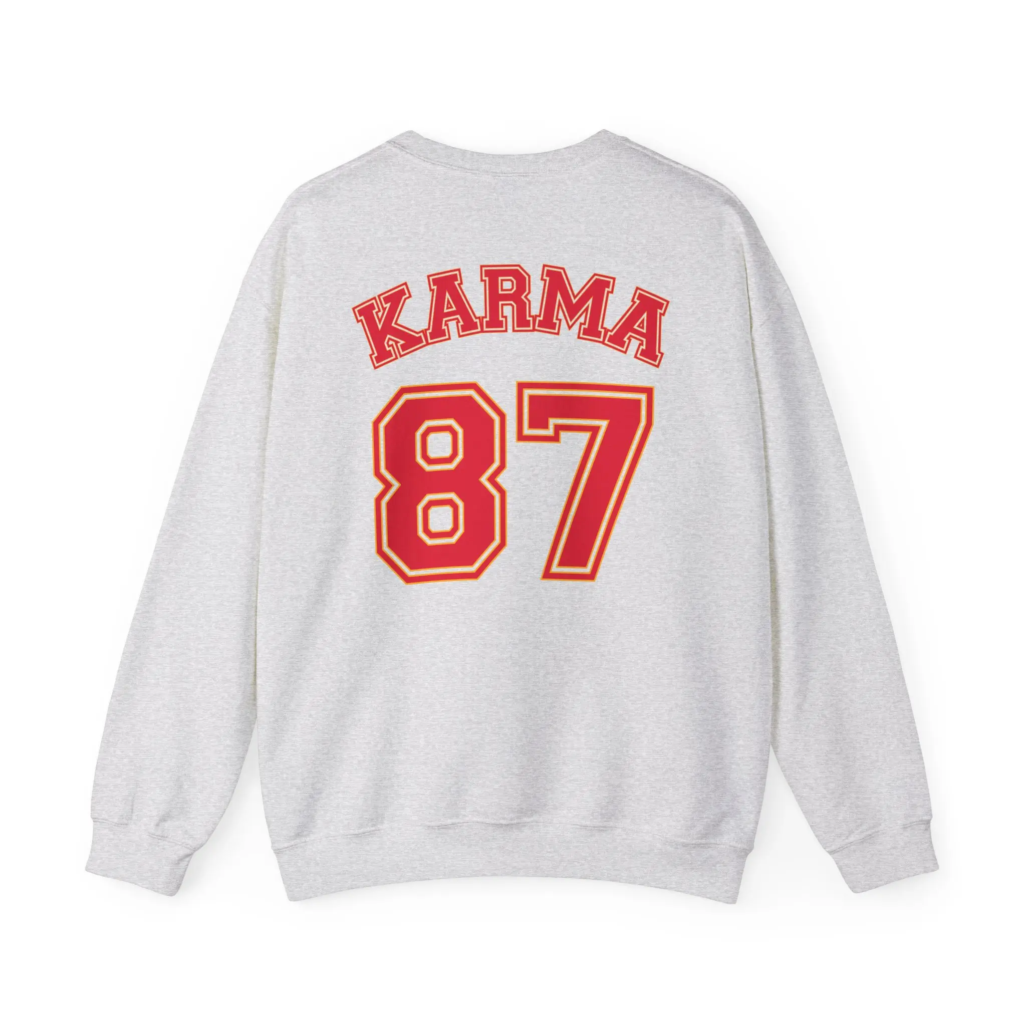 Karma 87 Crewneck Sweatshirt - Classic Unisex Cotton Fabric with Red Numbering and Embroidery Design