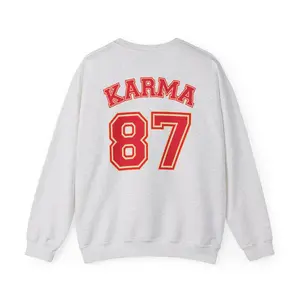 Karma 87 Crewneck Sweatshirt - Classic Unisex Cotton Fabric with Red Numbering and Embroidery Design