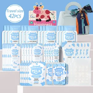 LAIKOU Milk Travel Essentials Kit Includes Body Wash, Cleanser, Pimple Patch, Hand Cream, Hand Soap Sheet, Mud Mask, Face Cream, Eye Cream, Serum & Sleeping Mask, Portable Cleansing Moisturizing Hydrating Nourishing Skincare Set for Travel & Daily Use