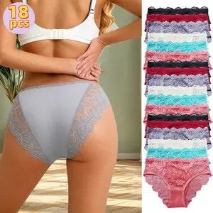 H  18pcs Women's Lace Floral Panties: Sexy mid-waist, soft & skin-friendly texture, perfect gift, birthday surprise, romantic date, for brides, women's wear, 6 bright color options. Bridal