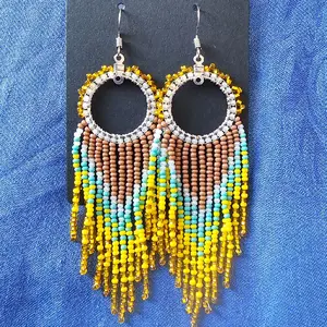 Native Designs Beaded Fringe Small Hoop Dangle Earrings with Multicolor Beads and Dangling Fringe for Stylish Accessory