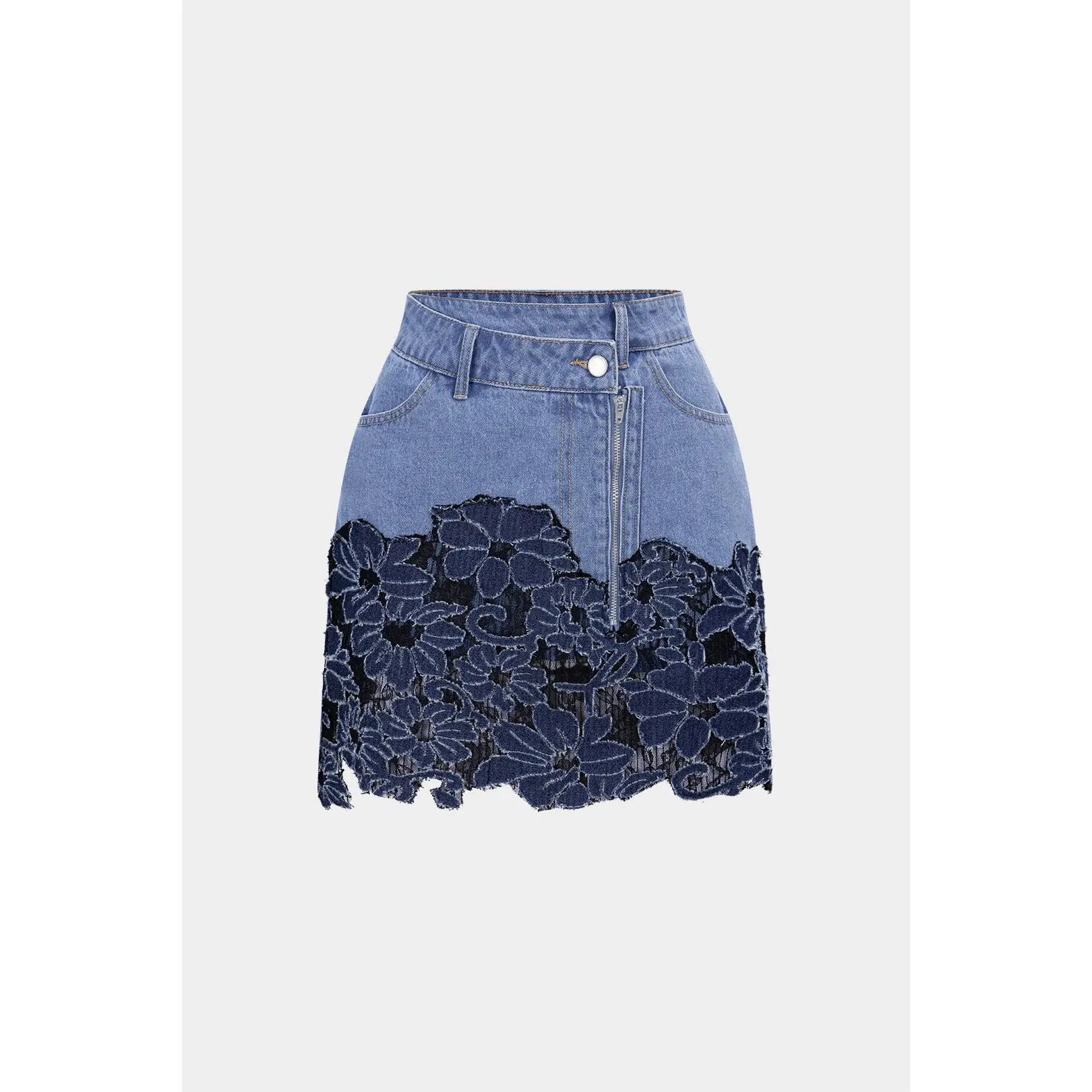 Denim Patchwork Asymmetrical Zipper Frayed Skirt