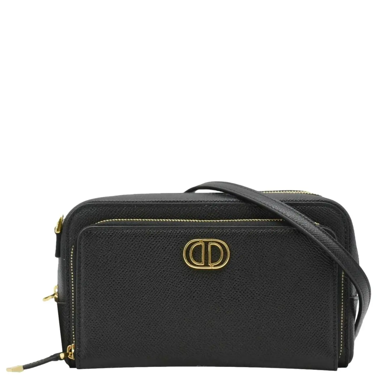 Pre-owned Dior Grained Leather Crossbody Bags CHRISTIAN Caro Double Pouch Crossbody Bag Black