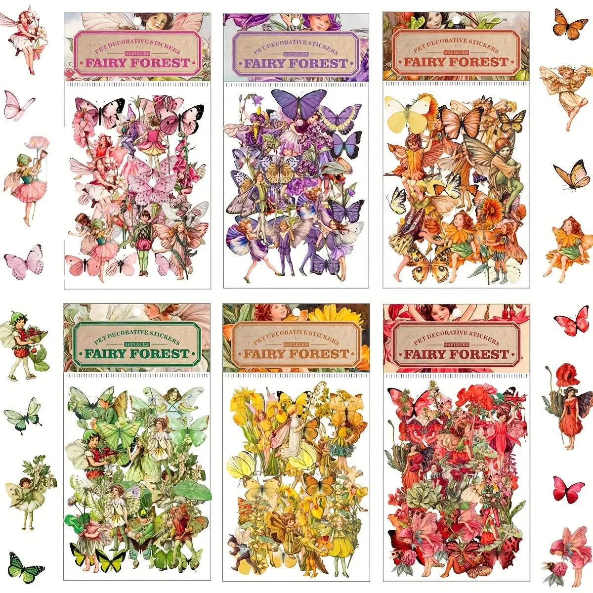 Vintage Floral Fairy Decorative Colored Auto-Adhesive Transparent PET Labels & Stickers - 300 Pcs, 4-6cm, Durable, Fade-Resistant, Water Resistant Office Stationery for Scrapbooking, Journaling