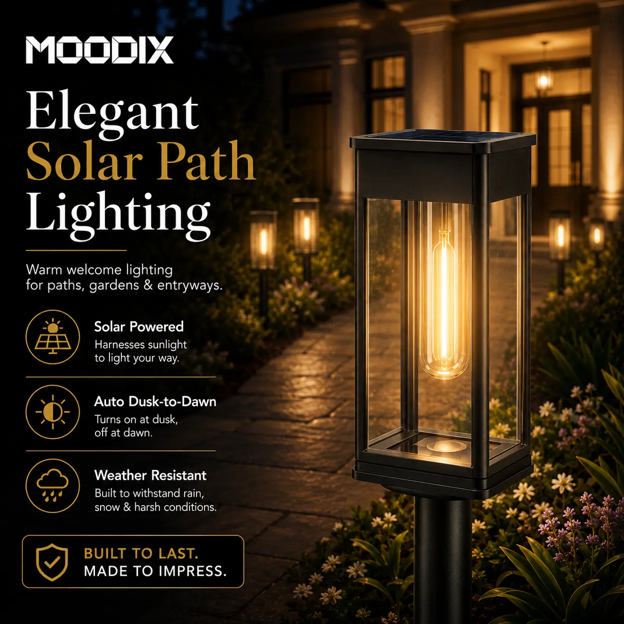 MOODIX Outdoor Solar Pathway Lights, Warm White LED Garden Stake Lights, Waterproof Solar Landscape Lighting for Walkway, Yard, Patio & Driveway decor gift lámpara
