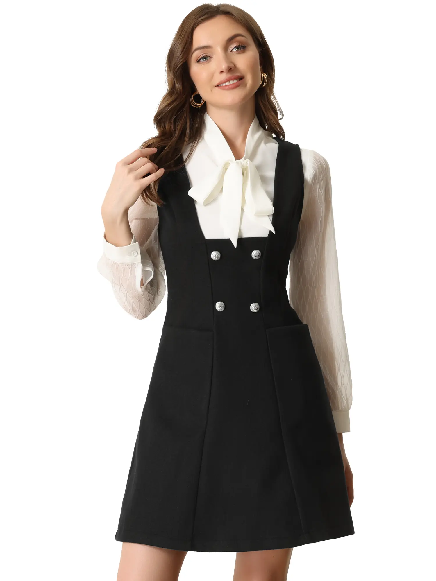 INSPIRE CHIC Pinafore Double Breasted Decor A-Line Overall Dress