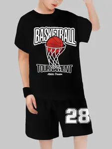 Summer Kids Basketball Style Set, Basketball Print Short Sleeve Shorts, Casual Fitted Random Print, Size 28