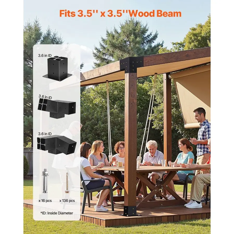 VEVOR Pergola Kit, 4x4 Inch Pergola Brackets for 3.5x3.5 Inch Wood Beams in Actual Dimension, 3 - Way (4 Pcs) and 4 - Way (2 Pcs) Gazebo Brackets with 6 Post Bases, for Outdoor Pergolas, Gazebos, Sheds VEVOR Pergola Kit, 4x4 Inch Pergola Brackets for 3.5x3.5 Inch Wood Beams in Actual Dimension, 3 - Way (4 Pcs) and 4 - Way (2 Pcs) Gazebo Brackets with 6 Post Bases, for Outdoor Pergolas, Gazebos, Sheds