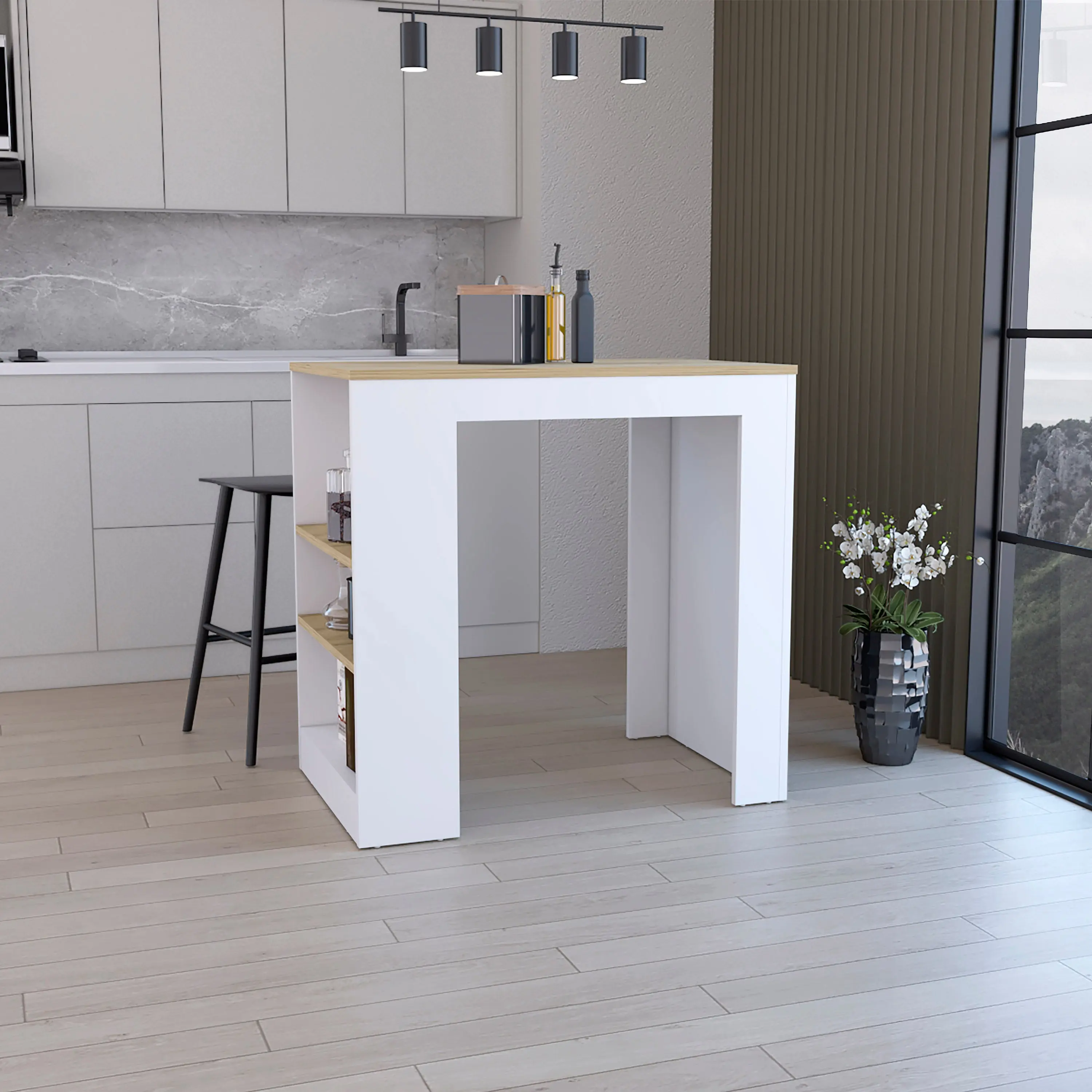 Dreamzon Furniture Compact Modern Kitchen Island - 36" Height, 36.2"w x 23.2"d, Space-Saving, 3-Side Shelves, White/Macadamia & Black/Ibiza Marble Designs, Indoor Storage Bar Table