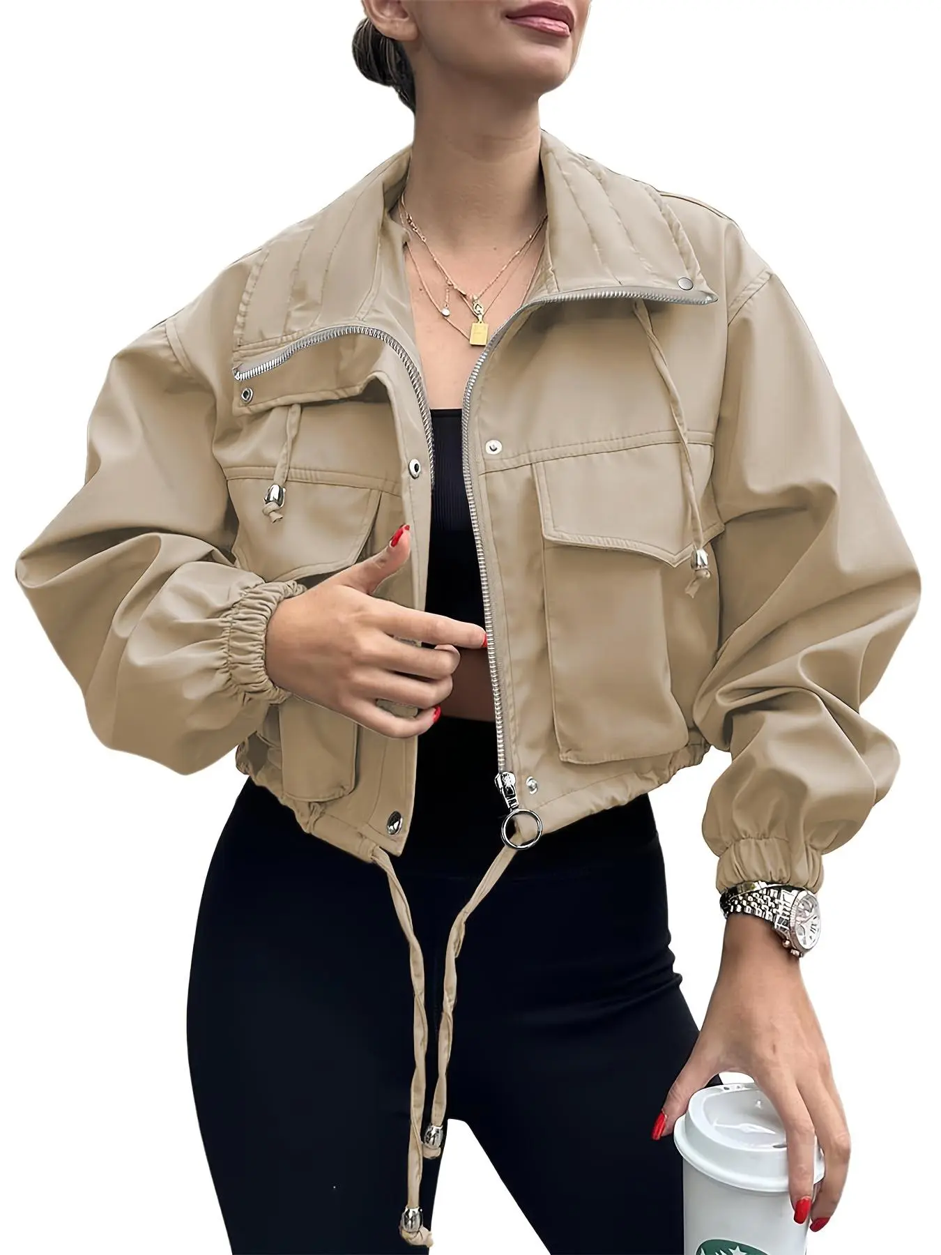 Renaishow Womens Cropped Jacket Zip Up Drawstring Hem Lightweight