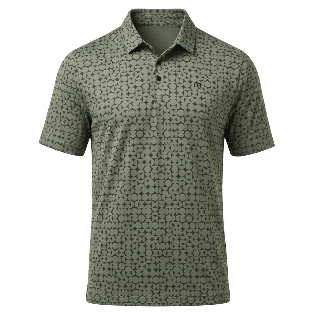 Unisex Geometric Patterned Short Sleeve Polo Shirt - Olive Green Athletic Performance & Daily Wear Shirt