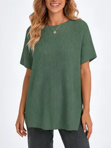 2026 Oversized Cozy Ribbed Knit Top Women’s Crew Neck Short Sleeve Pullover Elegant Solid Color Knitwear with Side Slit for All-Season Casual Outfits Spring/Summer