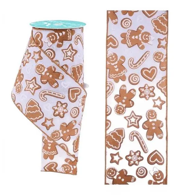 4" x 10yd Gingerbread Ribbon in White, Brown, & Tan