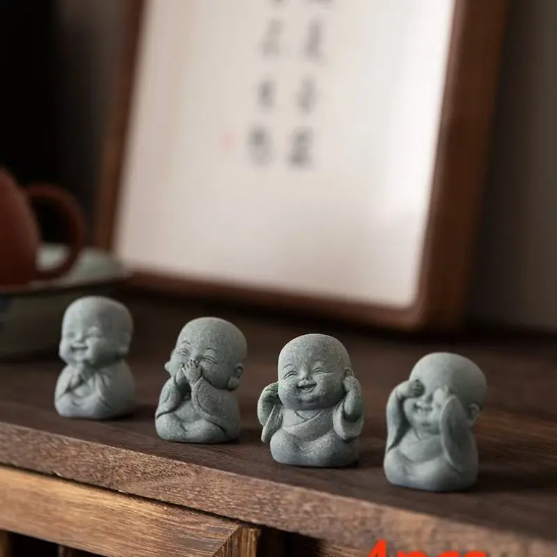 4 mini Zen Buddha statues-smooth stone edges and cross-legged meditation poetry, quiet smile, home/outdoor/fish tank decoration, a symbol of good luck, compact spiritual track mini Zen Buddha statues, no sharp edge and quiet space.