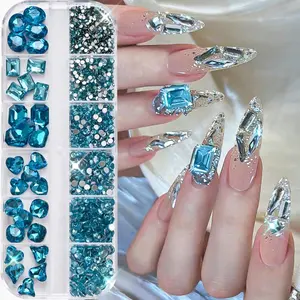 12Grid/box Ice Blue Big Heart Square Nail Diamond Unique Shaped Glass Nail Rhinestone Dazzling Crystal Nail Decoration