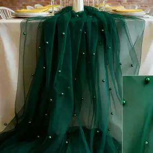 1/2/3-piece set, dark green pearl-embellished tulle, suitable for decorating table runners/tables/chair back ribbons/dessert tables. Perfect for spring wedding ceremonies and festive party decorations, Eid al-Fitr. Size: 30*119 inches.