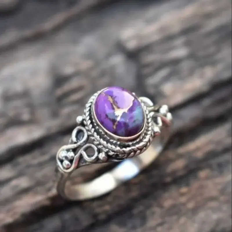 Women's Vintage Ethnic Copper Filigree Oval Carved Stone Ring - Bohemian Personalized Holiday Fashion Costume Jewelry Accessory, Sizes 6-10